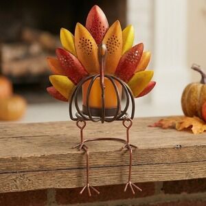 Turkey Votive Candle Holder Fall Multicolor Metal Shelf Sitter 6.5in